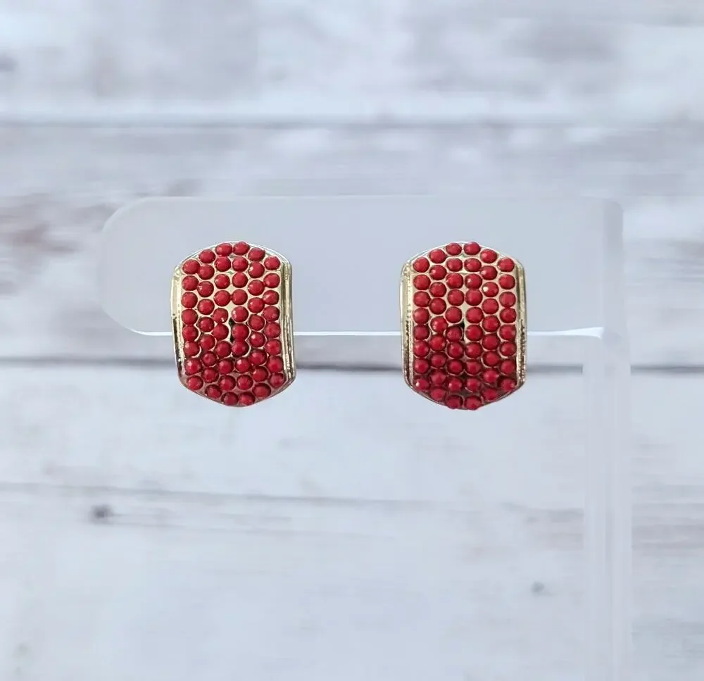 Vintage Clip On Earrings Red & Gold Tone Curved 0.75